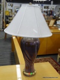 TABLE LAMP; TWIST FINISH LAMP WITH A PURPLE-ISH HUE AND A BRASS BASE WITH CLOTH SHADE & BRASS