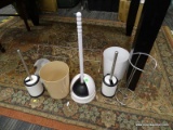 BATHROOM LOT; INCLUDES A WASTEBASKET, TOILET BRUSHES, A PLUNGER, A TOILET PAPER HOLDER, ETC.