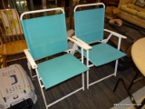 PATIO CHAIRS; PAIR OF WHITE AND BLUE VINYL PATIO CHAIRS IN EXCELLENT CONDITION. MEASURES 23 IN X 22