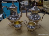 SHERIDAN SILVER PLATE TEA SET; INCLUDES A TEA POT, A COFFEE POT, AND CREAM AND SUGAR DISHES.