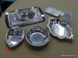 ASSORTED LOT; INCLUDES ASSORTED SILVER PLATE DISHES, A SILVER PLATE CHAFING DISH LID, GLASS