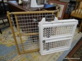 BABY GATE LOT; INCLUDES A WOODEN BABY GATE AND A HARD PLASTIC BABY GATE. BOTH ARE IN GOOD CONDITION