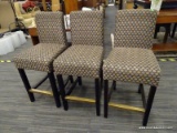 BAR CHAIRS; SET OF 3 POLKA DOT PATTERN AND MAHOGANY LEGGED CHAIRS IN EXCELLENT CONDITION. EACH