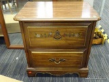 NIGHTSTAND; WOODEN FINISH NIGHT STAND WITH 2 FLORAL PAINTED DRAWERS AND BRASS PULLS. IS IN EXCELLENT