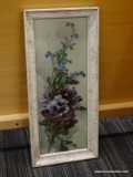 FRAMED FLORAL PRINT; IS IN A DISTRESSED WHITE FINISH FRAME WITH PURPLE AND BLUE FLOWERS. IS IN GOOD