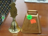 2 BELL LOT; INCLUDES A COPPER BELL AND A BRASS PINEAPPLE THEMED BELL.