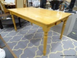 MAPLE TABLE; MAPLE SINGLE DRAWER TABLE WITH TURNED LEGS. IS IN GOOD USED CONDITION AND MEASURES 36