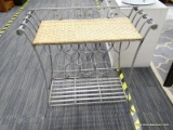 SMALL BAR TABLE; HAS WROUGHT IRON BONES WITH A WOVEN TOP SHELF, WINE HOLDERS, AND A LOWER IRON SLAT