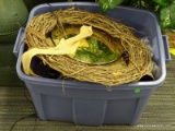 TUB LOT; INCLUDES A WOVEN GRAPEVINE STYLE WREATH, A BRASS PLATTER, A MEAT GRINDER, A SNOWFLAKE