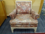 ARM CHAIR; FLROAL UPHOLSTERED ARM CHAIR WITH REMOVABLE CUSHIONS AND CREAM PAINTED BONES. IS IN VERY