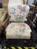 ARM CHAIR; MAHOGANY AND FLORAL UPHOLSTERED ARM CHAIR. IS IN GOOD USED CONDITION AND MEASURES 22 IN X