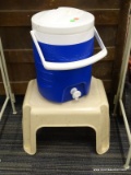 2 PIECE LOT; INCLUDES A BLUE IGLOO WATER COOLER AND A CREAM COLORED STEP STOOL.