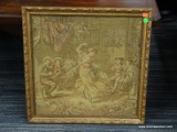 FRAMED TAPESTRY; SHOWS A DANCING WOMAN WITH MEN PLAYING INSTRUMENTS WHILE SITTING AND WATCHING THE