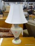 TABLE LAMP; URN STYLE LAMP IN CREAM WITH A CLOTH SHADE & CREAM COLORED FINIAL. IS IN VERY GOOD