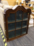 WALL HANGING CURIO / DISPLAY CABINET; MAHOGANY CABINET WITH A GLASS PANELED DOOR AND GREEN INTERIOR.