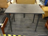 TABLE; VINTAGE WOODEN TABLE WITH TAPERED LEGS. IS IN USED CONDITION AND MEASURES 36 IN X 24 IN X 28