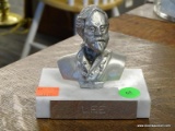 ROBERT E. LEE PEWTER BUST; MINIATURE PEWTER BUST ON MARBLE STAND. MEASURES 4 IN X 2.5 IN X 3.5 IN
