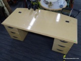 MILLER MFG. DOUBLE PEDESTAL DESK; HAS 2 SLIDEOUT PULLS (1 ON EITHER SIDE) AND 4 DRAWERS (2 ARE
