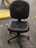 ROLLING OFFICE CHAIR; BLACK LEATHER UPHOLSTERED OFFICE CHAIR IN GOOD USED CONDITION (HYDRAULIC NEEDS