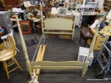 FULL SIZE BED FRAME; CREAM COLORED FULL SIZE BED FRAME WITH METAL RAILS AND TURNED POSTS (NEEDS