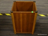 WASTEBASKET; MAHOGANY WASTE BASKET IN GOOD CONDITION. MEASURES 12 IN X 12 IN X 14 IN