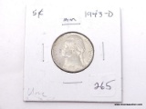 1943-D GEM UNCIRCULATED SILVER WAR NICKEL.