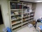 (RM12) LARGE 6 SHELF 3 SECTION WALL SHELVING UNIT. CREAM COLORED METAL. MEASURES 108