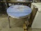 (WARE) RETRO METAL ROUND TABLE WITH BLUE TOP. COMES WITH LEAF. NEEDS TO BE REFINISHED. MEEASURES 36