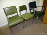 (RM11) LOT OF (3) VINTAGE CHAIRS WITH METAL AND GREEN FABRICS.