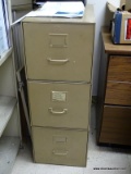 (RM12) TAN METAL 3 DRAWER LATERAL FILING CABINET. MEASURES 13.75