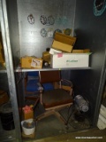 (HALL) CONTENTS OF SHELVING UNIT TO INCLUDE: 2 OFFICE CHAIRS, A MARATHON ELECTRIC MOTOR, BELIMO