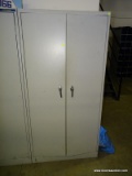 (HALL) CREAM COLORED METAL 2 DOOR CABINET WITH INNER SHELVES. MEASURES 36