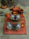 (WARE) PAIR OF RED PIPE ROLLERS, AND RED METAL PICES.