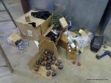 (WARE) LOT OF ASSORTED ITEMS ON FLOOR TO INCLUDE: WELDING HELMET, FACE SHIELD, IRON PIPE FITTINGS,
