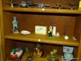 (RM8) SHELF LOT OF ASSORTED ITEMS TO INCLUDE: AN AVON PEWTERR AIRPLANE, 2 WIRE FLY FISHERMEN, A