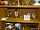 (RM8) SHELF LOT OF ASSORTED ITEMS TO INCLUDE:A BRASS EAGLE, BRASS DOLPHINS, A BRASS SAILBOAT, A SHIP