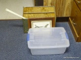 (RM8) MISC. LOT TO INCLUDE: BRASS & WOOD DECORATIVE ORGANIZER WITH HANDLES, AIRPLANE ART MADE OF