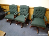 (RM10) SET OF (3) GREEN UPHOLSTERED BUTTON TUFTED ROLLING EXECUTIVE CHAIRS. ALL SHOW WEAR.