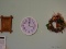 (KIT) WALL DECORATIONS ; 4 ITEMS INCLUDE- FRAMED COPPER PUNCHED CHICKEN -8 IN X 10 IN, WALL CLOCK ,