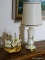 (DBED) LAMPS; 2 LAMPS- BRASS BASE AND PAINTED GLASS LAMP WITH FIBER SHADE 19 IN H AND A WOODEN