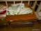 (UPHALL) BOX LOT; LARGE BOX LOT OF DRAPERIES AND CURTAINS, KNITTING YARN AND CLOTH SCRAPS FOR