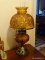 (UPHALL) LAMP; AMBER GLASS VICTORIAN STYLE LAMP WITH MATCHING SHADE- 22 IN H