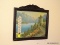 (UPHALL) PICTURE LOT; VINTAGE FRAMED LANDSCAPE WITH THERMOMETER IN BLACK FRAME- 11 IN X 10 IN AND
