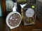 (BD2) VINTAGE CLOCKS; SCHATZ BRASS AND ETCHED GLASS ANNIVERSARY CLOCK- 8 IN H AND 6 IN H WIND UP BIG