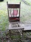 (CARPORT) ROCKER; ANTIQUE OAK PRESSED BACK ROCKER- NEEDS PRESSED CANE SEAT- 16 IN X 26 IN X 40 IN