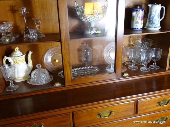 (FRM) SHELF LOT ; LOT INCLUDES - 10 IN CERAMIC TEAPOT, PRESS CUT BUTTER DISH, 4 WATER GOBLETS, 9 IN