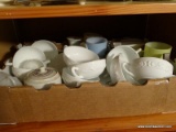 (KIT) LOWER SHELF ; INCLUDES MILK GLASS BULLION CUPS AND SAUCERS, PLATTERS, MIXING BOWLS , ETC.