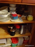 (KIT) LOWER CABINET ; INCLUDES- CORNINGWARE BAKING DISHES, 3 CANISTER SETS AND LARGE AMOUNT OF