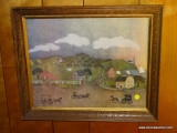 (FRM) 2 FRAMED PRINTS ; FRAMED FARM SCENE IN MAPLE FRAME -18 IN X 14 IN FOLK ART PRINT MAPLE FRAME ;