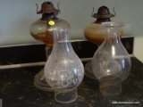 (LAUNDRY) ANTIQUE OIL LAMPS ; 2 ANTIQUE OIL LAMPS WITH CHIMNEYS